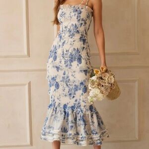 V. Chapman Blue and Cream Floral Midi Dress